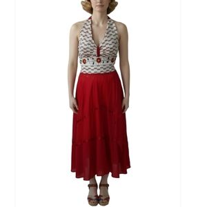 Vintage 1950's Pinup Maxi Dress Size Medium Halter Embroidered Floral Red Retro